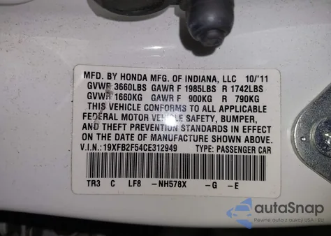 2012 Honda Civic Lx from USA, damaged, VIN 19XFB2F54CE312949